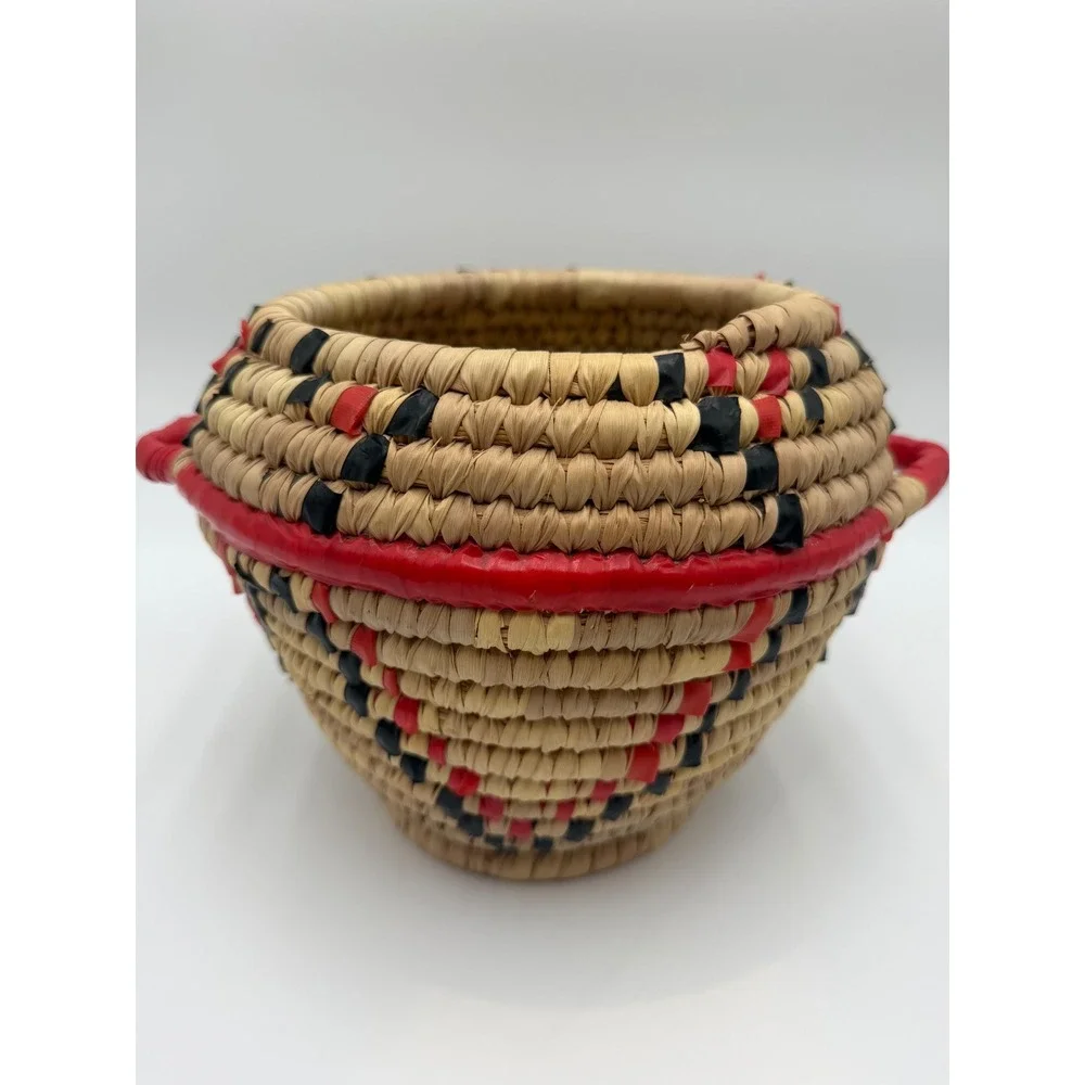 Handmade Woven Coiled Basket Red Black Geometric Pattern with Handles